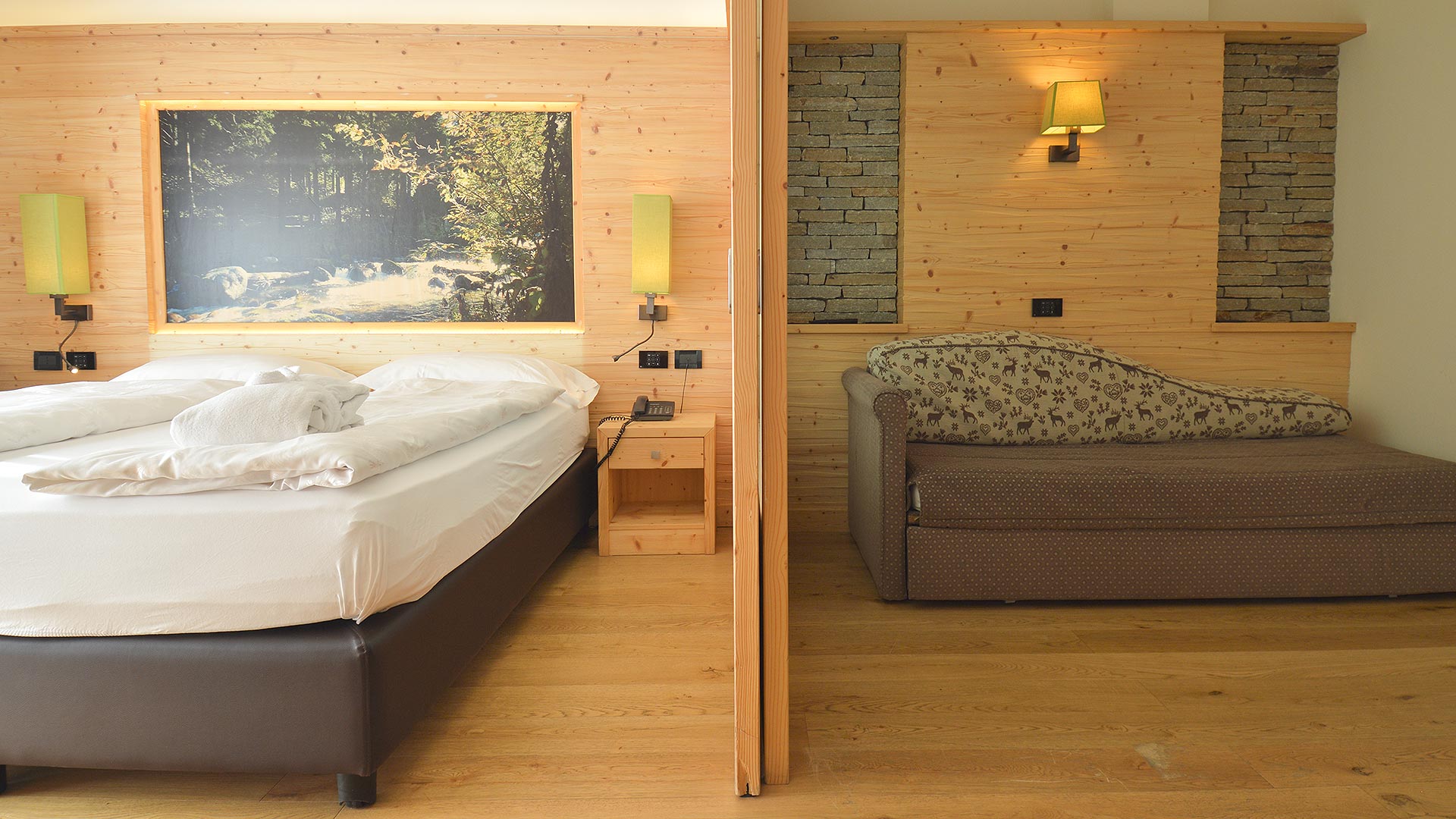 The design-relax combination for a peaceful and comfortable sleep in our Family Hotel in Dimaro, Val di Sole.