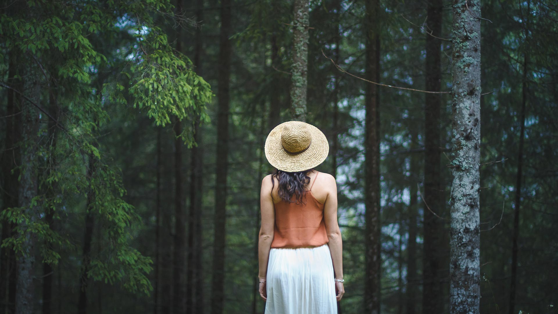 eine junge Dame mit Strohhut im Wald im Sommer bei Dimaro im Trentino